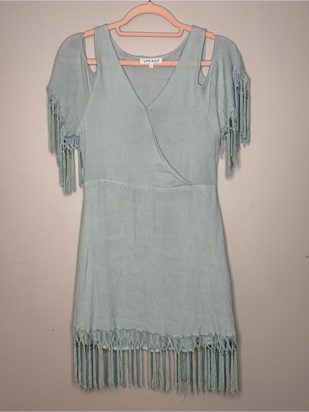 Apeach Mint Cold-Shoulder Fringe Mini Dress
